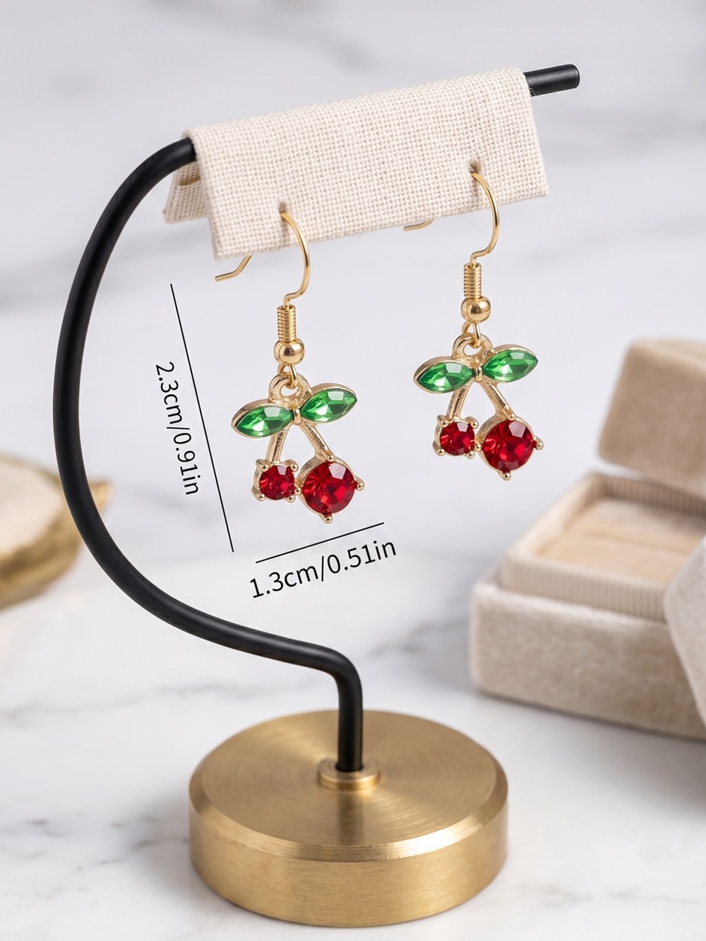 14k Gold Plated Cherry Drop Earrings with Red and Green Crystals. New. - Picture 3 of 8